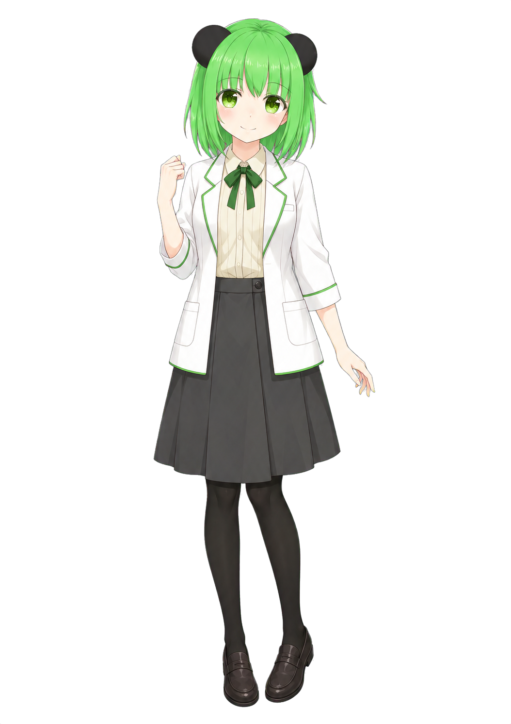 緑色の髪と黒い耳で、白衣を着た助手ちゃんの全身イラスト